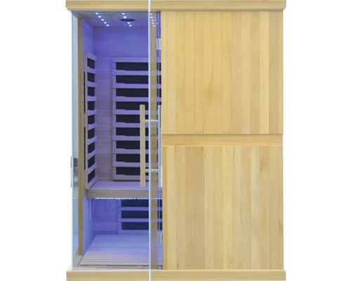 Infračervená sauna s dřevěnými stěnami a skleněnými dveřmi