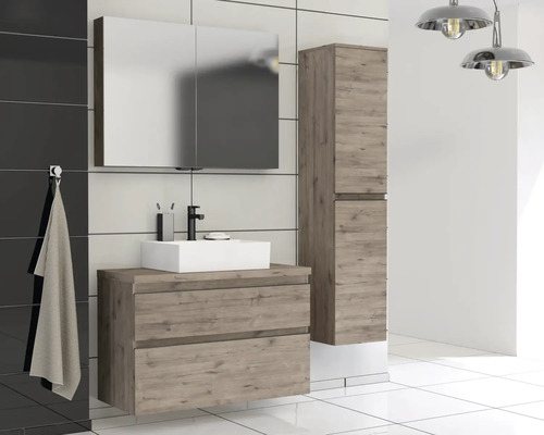 Moderní koupelnový set s umyvadlovou skříňkou, zrcadlovou skříňkou a vysokou skříňkou