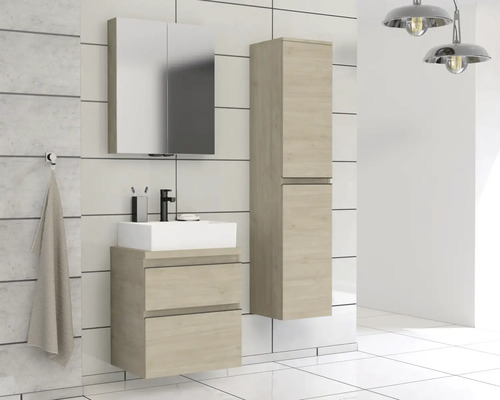 Koupelnový set s umyvadlovou skříňkou, zrcadlovou skříňkou a vysokou skříňkou