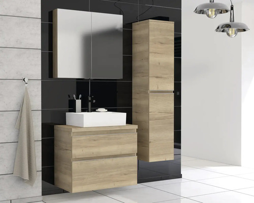 Moderní koupelnový set s umyvadlovou skříňkou, zrcadlovou skříňkou a vysokou skříní