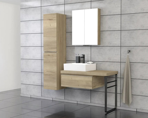 Koupelna s umyvadlovou skříňkou, umyvadlem, zrcadlovou skříňkou a vysokou skříňkou