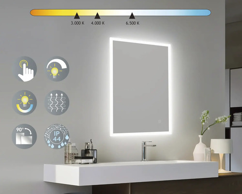 Osvětlené zrcadlo s dotykovým senzorem, nastavitelnou barvou světla a krytím IP44