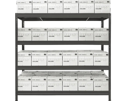 Regál s několika policemi plný stohů papíru