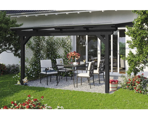 Zastřešení terasy SKAN HOLZ Ancona 434 x 250 cm střecha terasy, antracitové lepené lamelové dřevo Zastřešené posezení se zahradním stolem a židlemi na zahradě