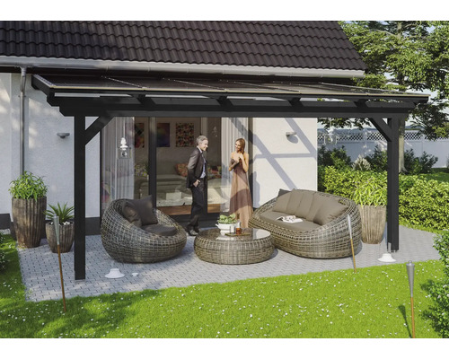 Zastřešení terasy SKAN HOLZ Ancona 541 x 250 cm, antracit laminované dřevo Terasa se zastřešením, proutěným nábytkem a dekorací v zahradě