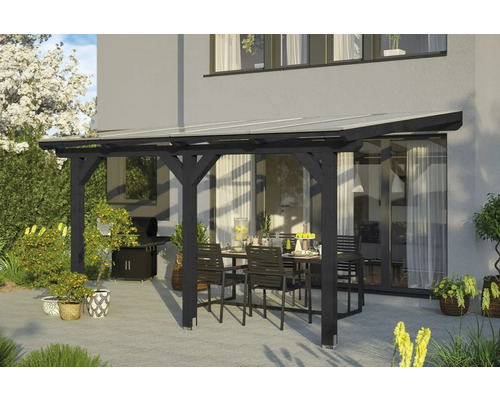 Zastřešení terasy SKAN HOLZ Andria 434 x 250 cm, antracit laminované dřevo Dřevěné zastřešení terasy se stolem a židlemi ve venkovním prostoru