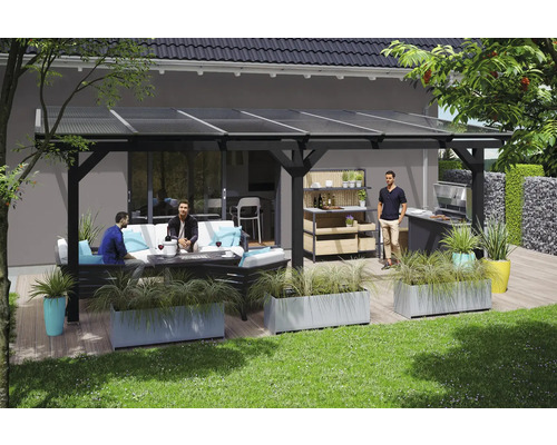 Zastřešení terasy SKAN HOLZ Andria 648 x 400 cm, lepené lamelové dřevo, antracit Terasa se zastřešením, grilem a posezením na zahradě