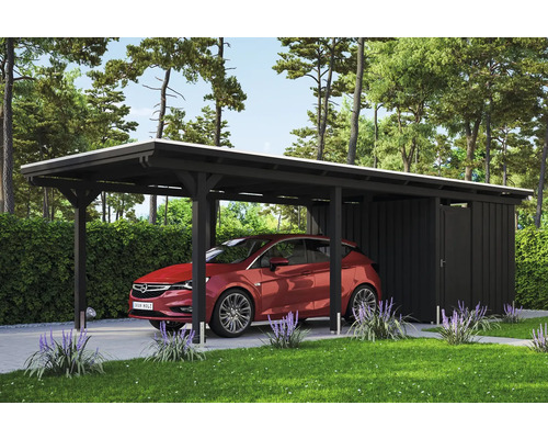 Přístřešek na auto SKAN HOLZ Emsland s kotvami na sloupky, úložný prostor 354 x 846 cm antracit Dřevěný carport s kůlnou na nářadí a zaparkovaným autem na zahradě