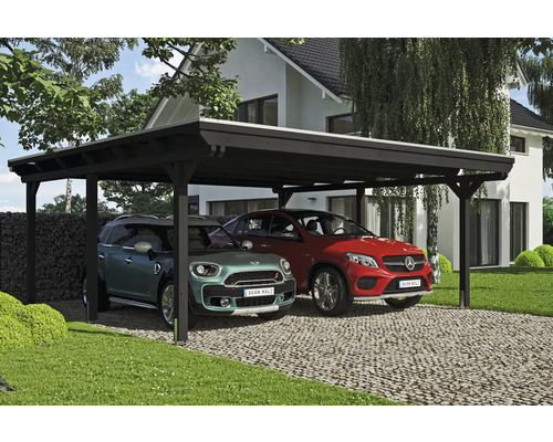 Přístřešek na auto dvojitý SKAN HOLZ Emsland dvojitý přístřešek, včetně kotev na sloupky, EPDM membrána, 613 x 604 cm antracit Dřevěný dvojitý přístřešek pro auto se dvěma parkujícími auty před domem