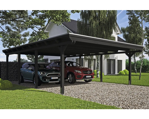 Přístřešek na auto dvojitý SKAN HOLZ Emsland, včetně kotev na sloupky, EPDM membrána, 613 x 846 cm, antracit Dřevěný dvojitý carport se dvěma parkujícími auty