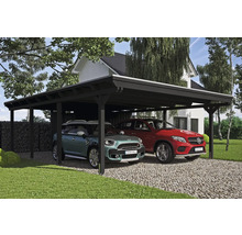 Dřevěný dvojitý carport se dvěma zaparkovanými auty