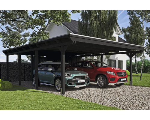 Dřevěný dvojitý carport se dvěma zaparkovanými auty