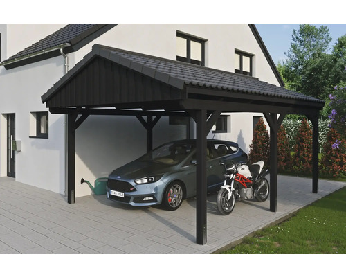 Přístřešek na auto SKAN HOLZ Fichtelberg vč. kotev, 423 x 566 cm, antracit Dřevěný přístřešek pro auto s autem a motorkou na dvoře