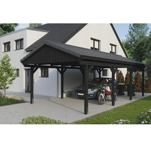 Dřevěný přístřešek pro auto s automobilem a motocyklem