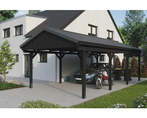 Dřevěný přístřešek pro auto s automobilem a motocyklem