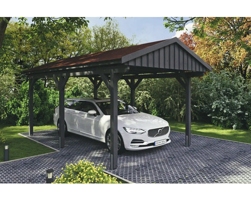 Přístřešek na auto SKAN HOLZ Fichtelberg, vč. kotev na sloupky, červené střešní šindele, 317 x 566 cm, antracit Auto pod dřevěným přístřeškem v zahradě