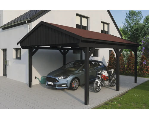 Přístřešek na auto SKAN HOLZ Fichtelberg, vč. kotev pro sloupky, červené střešní šindele, 423 x 566 cm, antracit Přístřešek pro auto s automobilem a motocyklem před obytným domem