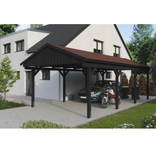 Dřevěný carport s autem a motocyklem