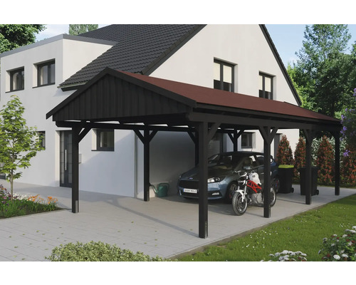 Dřevěný carport s autem a motocyklem