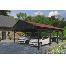 Dřevěný dvojitý přístřešek pro auto se dvěma parkujícími auty