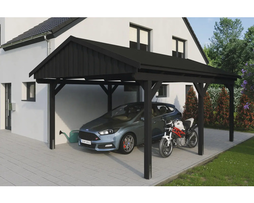 Přístřešek na auto SKAN HOLZ Fichtelberg vč. kotev pro sloupky, černé střešní šindele, 423 x 566 cm, antracit Černý dřevěný přístřešek pro auto s autem a motorkou