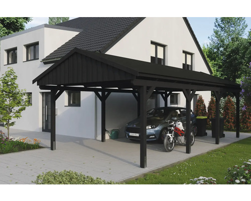 Přístřešek na auto SKAN HOLZ Fichtelberg s kotvami na sloupky, černé střešní šindele 423 x 808 cm antracit Černý dřevěný přístřešek pro auto s autem a motocyklem před domem