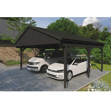 Dvojitý dřevěný carport se dvěma zaparkovanými auty