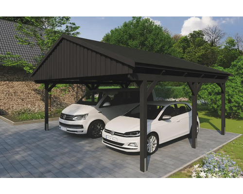 Přístřešek na auto dvojitý SKAN HOLZ Fichtelberg včetně kotev pro sloupky, černé střešní šindele, 618 x 566 cm, antracit Dvojitý dřevěný carport se dvěma zaparkovanými auty