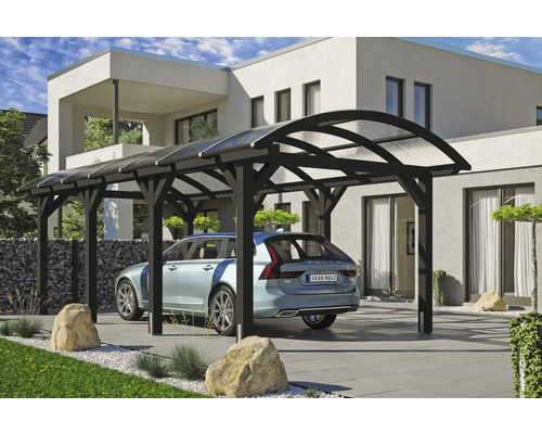 Přístřešek na auto SKAN HOLZ Franken s kotev pro sloupky, 376 x 755 cm antracit Dřevěný carport s autem před moderním domem