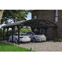 Dřevěný dvojitý carport se dvěma zaparkovanými auty