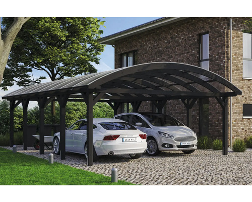 Přístřešek na auto dvojitý SKAN HOLZ Franken, včetně kotev pro sloupky, 635 x 969 cm, antracit Dvojitý dřevěný přístřešek pro auto se dvěma zaparkovanými auty