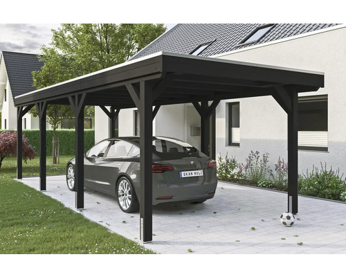 Přístřešek na auto SKAN HOLZ Grunewald, vč. kotev na sloupky, EPDM membrána, 321 x 796 cm antracit Dřevěný přístřešek pro auto s autem na příjezdové cestě