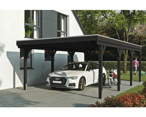 Přístřešek na auto SKAN HOLZ Grunewald vč. kotev na sloupky, EPDM membrána, 427 x 796 cm antracit Dřevěný přístřešek pro auto s automobilem a motocyklem