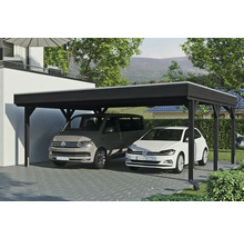 Dvojitý dřevěný carport se dvěma zaparkovanými auty