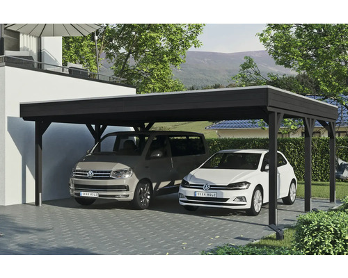 Přístřešek na auto dvojitý SKAN HOLZ Grunewald, včetně kotev na sloupky, EPDM membrána 622 x 554 cm antracit Dvojitý dřevěný carport se dvěma zaparkovanými auty