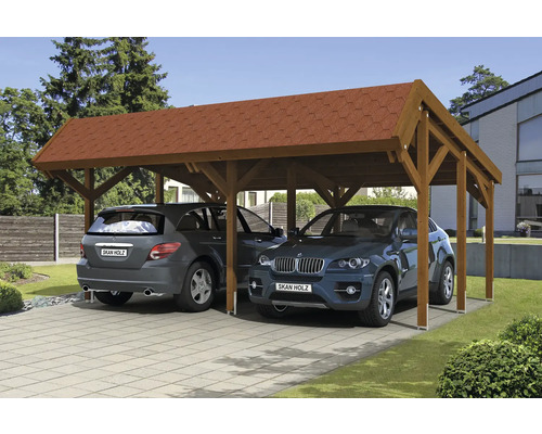 Přístřešek na auto dvojitý SKAN HOLZ pryskyřice, včetně kotev na sloupky, červené střešní šindele, 624 x 560 cm, ořech Dvojitý dřevěný přístřešek pro auto se dvěma zaparkovanými auty