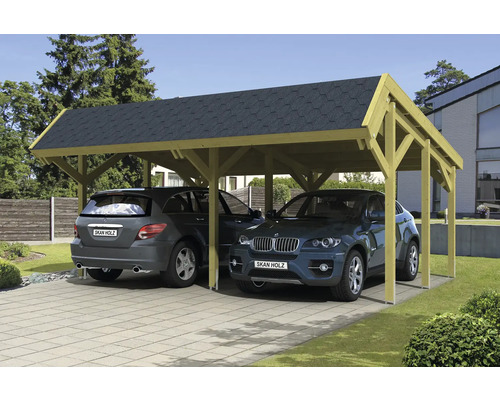 Dřevěný dvojitý carport se dvěma parkujícími auty