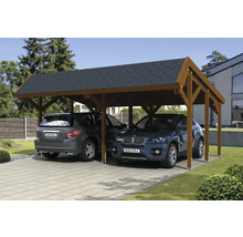 Dvojitý dřevěný carport se dvěma zaparkovanými auty