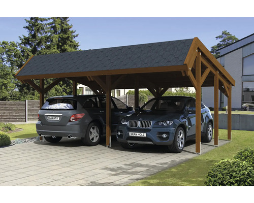 Dvojitý dřevěný carport se dvěma zaparkovanými auty