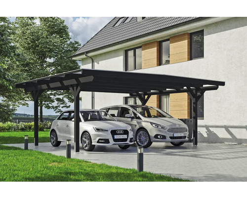 Přístřešek na auto dvojitý SKAN HOLZ Odenwald, včetně kotev pro sloupky, 640 x 541 cm antracit Dřevěný dvojitý přístřešek pro auto se dvěma parkujícími auty před obytným domem