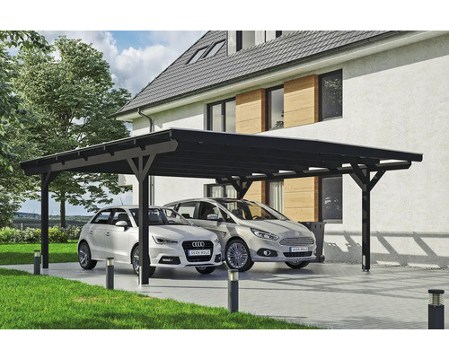 Přístřešek na auto dvojitý SKAN HOLZ Odenwald, včetně kotev na sloupky 640 x 648 cm antracit Dvojitý dřevěný přístřešek pro auto se dvěma zaparkovanými auty před domem
