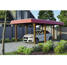 Dřevěný carport s červenou střechou a autem