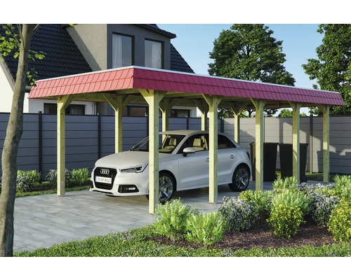 Přístřešek na auto SKAN HOLZ Spreewald, červená clona vč. kotev 345 x 741 cm impregnovaný Dřevěný carport s červenou střechou a autem