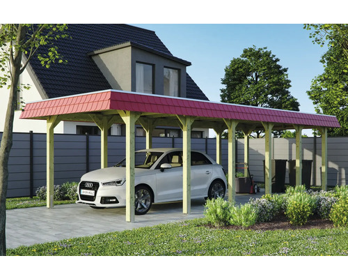 Přístřešek na auto SKAN HOLZ Spreewald, červený kryt vč. kotev, EPDM membrána, 345 x 893 cm, impregnovaný Dřevěný přístřešek pro auto s červenou střechou a auto na pozemku