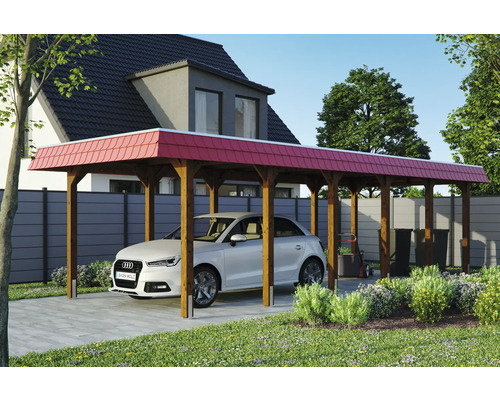 Přístřešek na auto SKAN HOLZ Spreewald červený kryt vč. kotev, 345 x 893 cm, ořech Dřevěný přístřešek pro auto s červenou střechou a pod ním zaparkované auto
