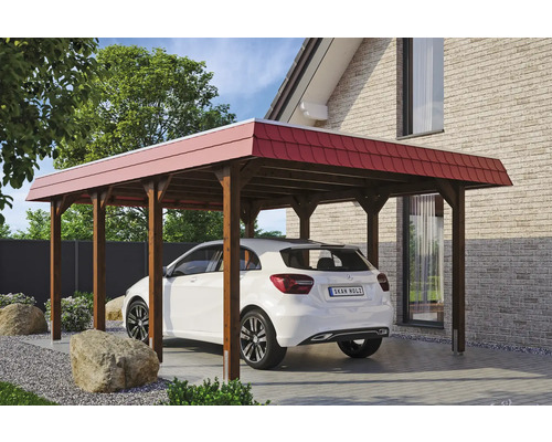Přístřešek na auto SKAN HOLZ Spreewald, červená fasádní deska, vč. kotev na sloupky, EPDM membrána, 396 x 589 cm ořech Dřevěný carport s taškovou střechou a autem