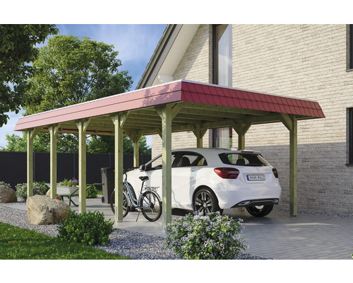 Přístřešek na auto SKAN HOLZ Spreewald, červená fasádní deska, vč. kotev na sloupky, EPDM membrána, 396 x 741 cm impregnovaná Dřevěný přístřešek pro auto s autem a kolem