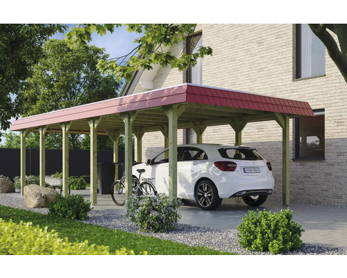 Přístřešek na auto SKAN HOLZ Spreewald, červená clona vč. kotev, EPDM membrána, 396 x 893 cm, impregnovaný Dřevěný přístřešek pro auto s autem a červenou střechou