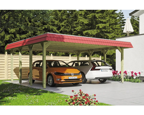 Přístřešek na auto dvojitý SKAN HOLZ Spreewald, červená čelní deska, včetně kotev na sloupky, EPDM membrána, 585 x 589 cm, impregnovaný Dvojitý dřevěný přístřešek pro auto se dvěma auty