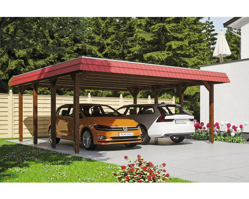 Přístřešek na auto dvojitý SKAN HOLZ Spreewald, červená čelní deska, včetně kotev na sloupky, EPDM membrána 585 x 589 cm ořech Dvojitý dřevěný přístřešek pro auto se dvěma zaparkovanými auty